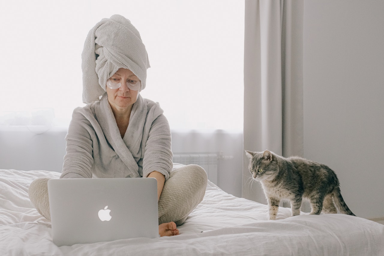 a cat next to a woman using a laptop/bedroom gadgets